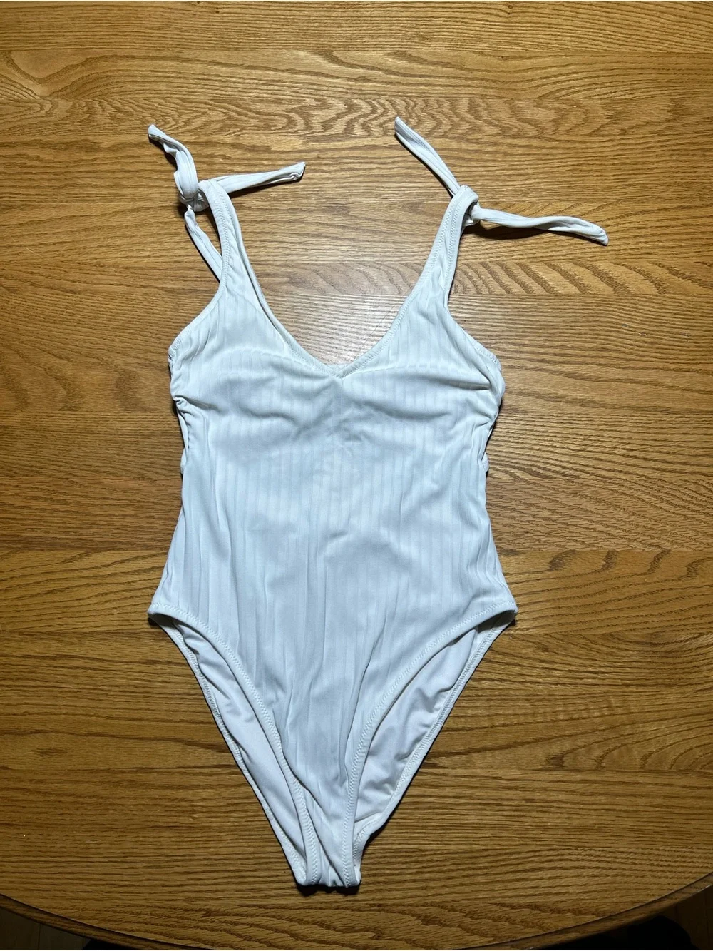 Women’s Shade & Shore Off White Ribbed Tie-Shoulder One-Piece Swimsuit Size S
